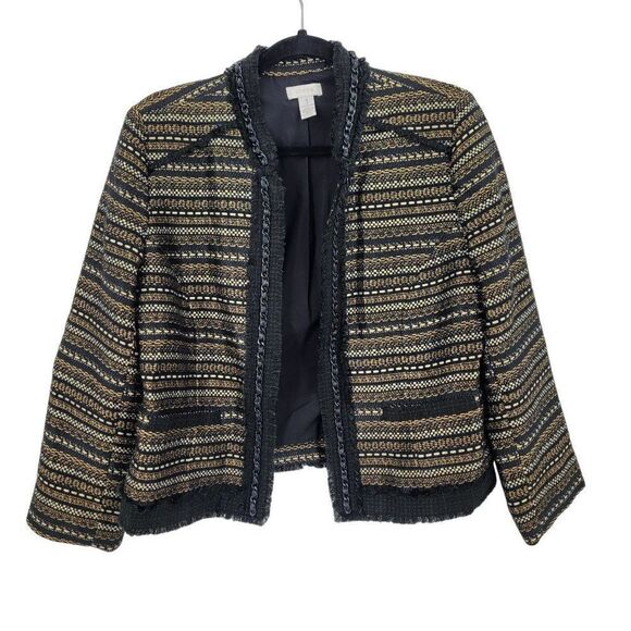 Chico's Boucle Tweed Blazer Size 1 M Black Gold Metallic Striped Chain Trim - Picture 1 of 12